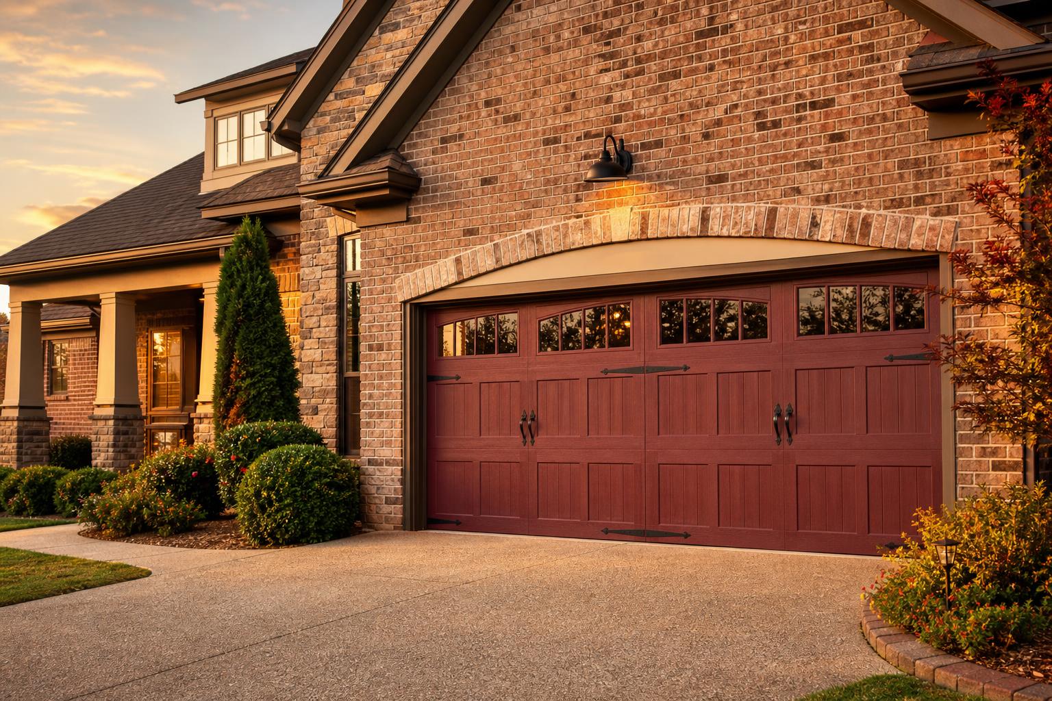 Rock Hill, SC home with a burgundy carriage-style garage door at golden hour